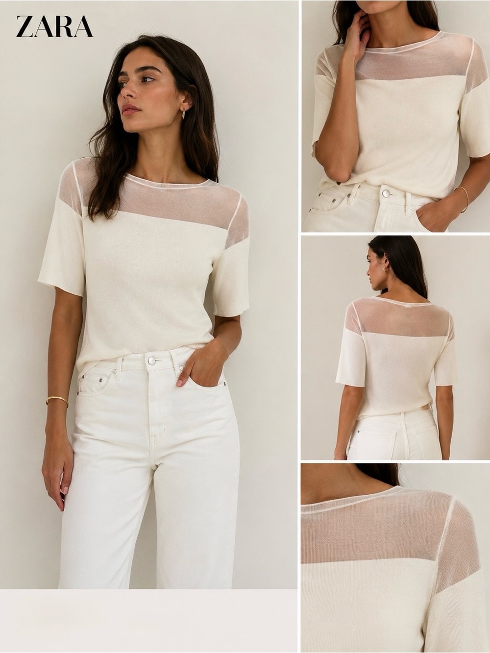 Zara Sheer Detail Knit Top - Cream/White